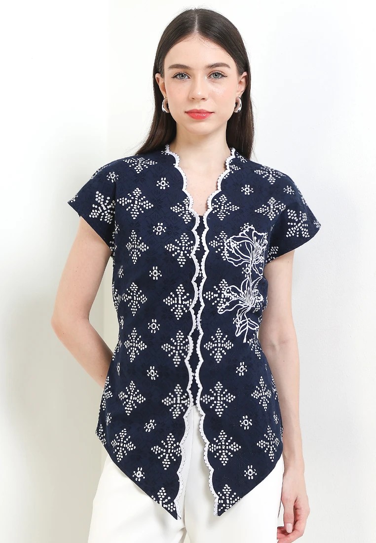 Dobby Cap Batik Blouse Special Women's Top JFW Collection Binar Andara Cotton Embroidery Embro Navy – Rianty Batik